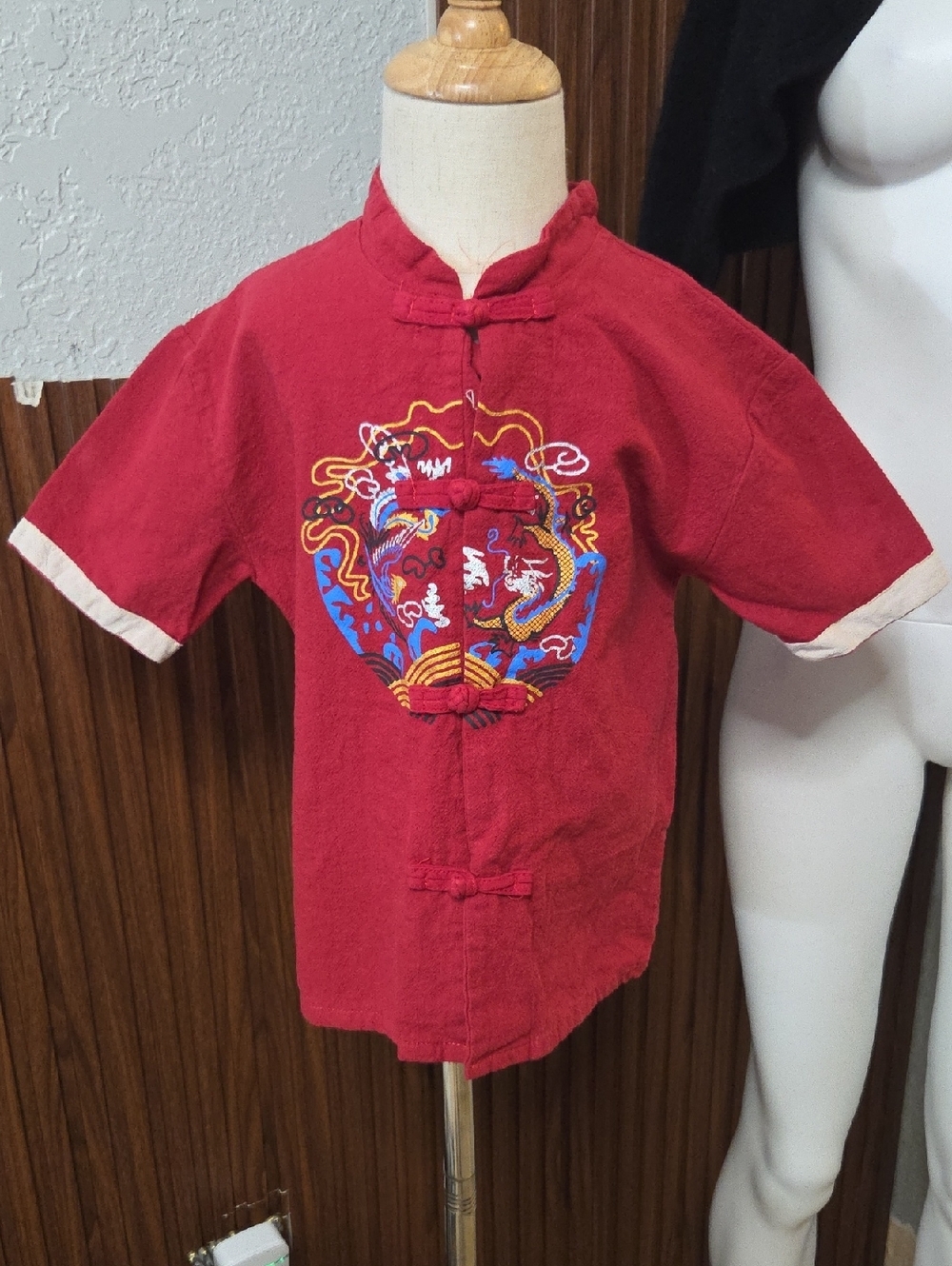 MK Korea Kids Boys Red Traditional Chinese Tang Suit Dragon Shirt Sz 7/8 (130)